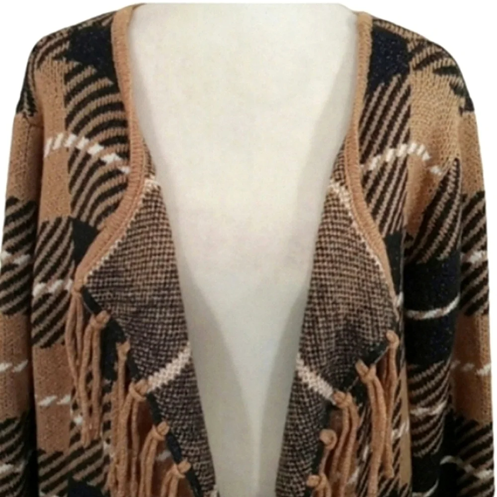 Adrienne Vittadini Fringed Plaid Cardigan/Open Front Duster Size 3X
